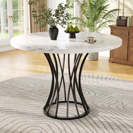 Table ronde 80x80, design luxueux table salle à manger, plateau MDF marbré, pieds noirs (1/5)