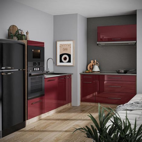 Küchenzeile Fame-Line, Bordeaux Hochglanz/Goldkraft Eiche, 340 cm, AP Marmor, Vicco (1/5)