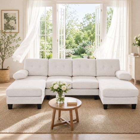 Divano a U 268x128x84 cm, con doppia chaise longue e tasche laterali, braccioli removibili, chenille beige (1/5)