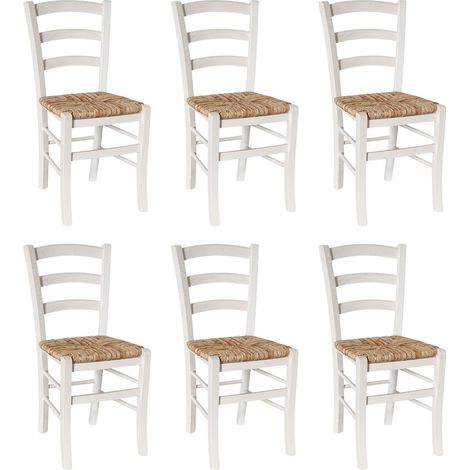 Set di 6 sedie da sala da pranzo Venezia in legno bianco con seduta in paglia (1/5)