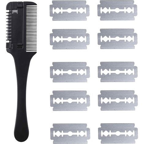 Rasoir Cheveux avec 10 Lames de Rechange, Rasoir Désépaississant en Fibre de Carbone pour Couper les Fourches et Frange, Ciseaux Coiffure Ergonomique pour Homme et Femme, Noir (1/5)