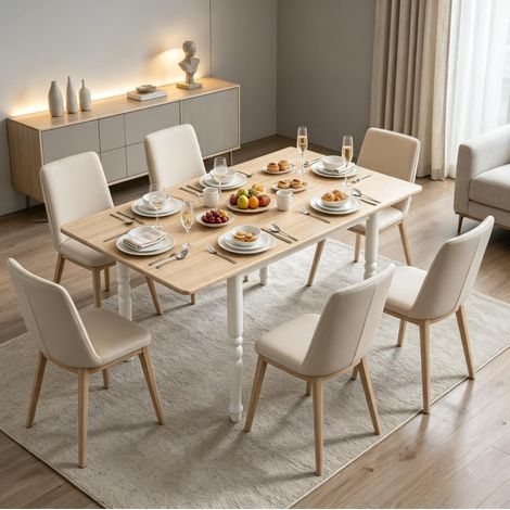 Mesa de comedor extensible para 2-6 personas, 74-134 cm, MDF y acero, natural y blanca DESVIAE (1/5)