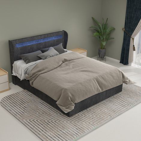 Lit 140x200 cm gris tête capitonnée éclairage led lit coffre gaz sans matelas (1/5)