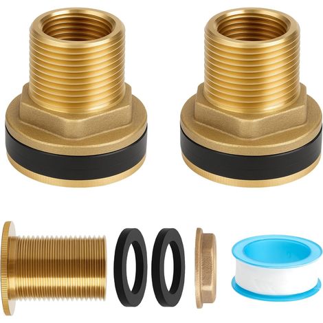 Lot de 2 Raccords de Réservoir en Laiton Raccord Citerne Eau de Pluie avec Filetage Intérieur 1/2" X Filetage Extérieur 3/4" pour Seaux Robinets Réservoirs avec Une Bobine de Ruban PTFE (1/5)