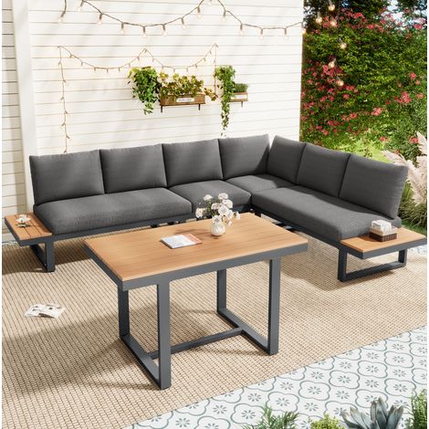 Set di mobili da giardino in acciaio zincato e poliestere nero e grigio, modulare con tavolo 105x70 cm e schienale reclinabile (1/5)