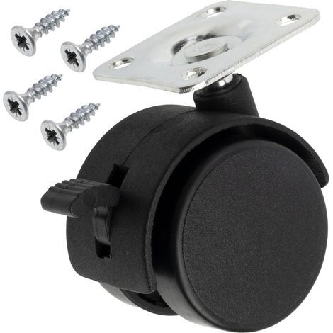 Lot de 12 Roues roulettes de meubles à double galet Ø40 rotatives à 360° avec frein + 50 vis à bois Ø4x16 mm et plaque de fixation 38x38 mm capacité de charge 25 kg (1/5)