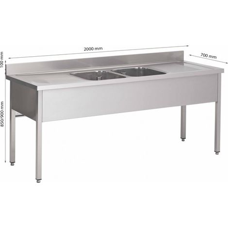 Plonge Sur Piétement Avec 2 Égouttoirs 2 Bacs L2000Xp700Xh850/900 Mm - Prodirest