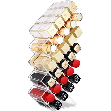 Rangement pour rouges à lèvres avec 28 compartiments en acrylique, présentoir transparent multi-emplacements, organisateur de maquillage, 27 x 12 x 6,5 cm (1/5)