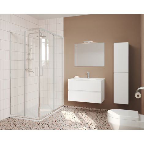 Mobile bagno sospeso 60 cm in legno bianco lucido con lavabo e specchio - Empoli - Con specchio e lampada LED (1/4)