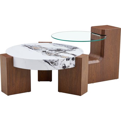 GagaEnsemble de tables basses gigognes, effet noyer et verre trempé transparent, modulable (1/5)
