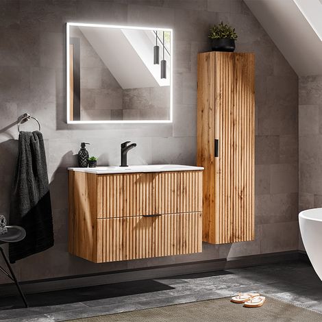 Conjunto de muebles con lavabo individual encastrado 80cm espejo LED y columna Adriel Madera (1/4)