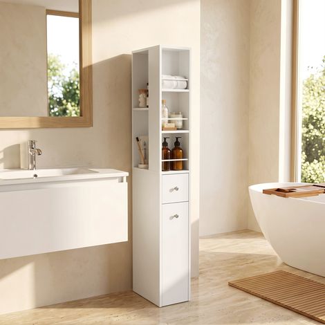 Armoire de salle de bain haute et étroite, 135 cm, avec 2 tiroirs, blanche (1/5)