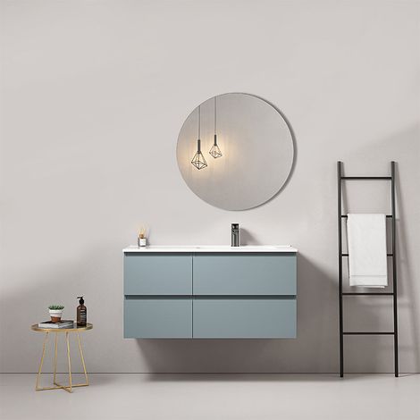Mobile bagno sospeso 100 cm Blu Avio Lavabo a Destra in Ceramica Specchio Tondo - Fiji Paint (1/5)