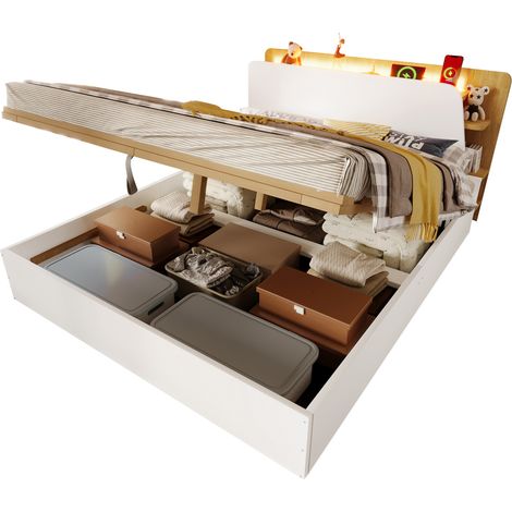 Lit coffre hydraulique 140x200 cm avec USB-C, LED, télécommande tactile et app, tête de lit lumineuse, sans matelas, blanc et bois clair pour chambre enfant CHICFURN (1/5)