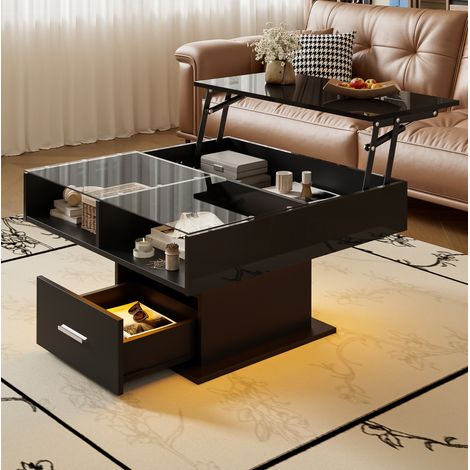 Table basse en panneaux de particules noir brillant, relevable 78x78 cm avec LED et rangement (1/5)