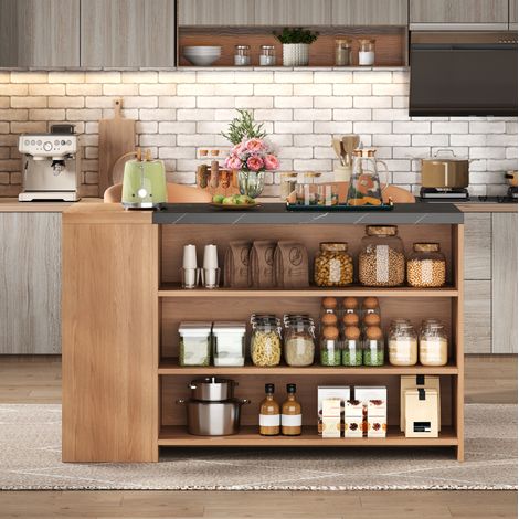 Kücheninsel 140x60x90 cm schwarz und Eiche aus MDF mit Bartheke, 5 Ablagen und versteckter Schublade (1/5)