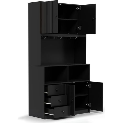 Colonne de cuisine multifonctionnelle 180 cm avec LED, prise intégrée, porte-verres et espace de rangement MDF (1/5)