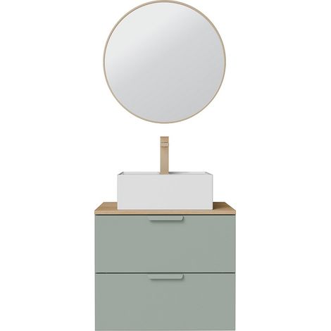 Mobile bagno sospeso con lavabo da appoggio quadrato, rubinetto e specchio Verde mandorla L60 cm – AVORELI (1/4)
