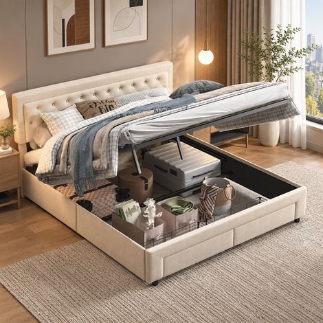 Lit coffre 160×200 cm, rangement hydraulique, lit double capitonné, 2 tiroirs de rangement, cadre de lit 160×200, tête de lit rembourrée, style moderne, sommier à lattes, lit adulte, Velours, Beige (1/5)
