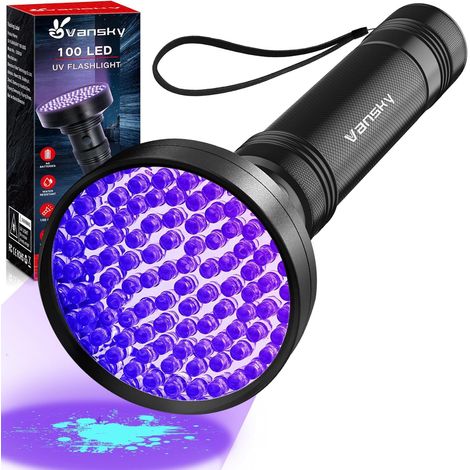 Lampe UV à lumière noire, lampe torche UV 100 LED 395 nm lumière bleue sèche UV pour détecteurs d'urine de chats, chiens et autres animaux de compagnie, piles non incluses [Classe énergétique A++] (1/5)