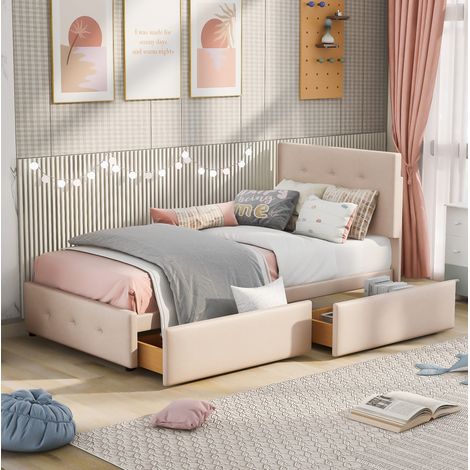 Lit rembourré classique 90x200 cm en velours beige avec sommier à lattes et tiroir (1/5)