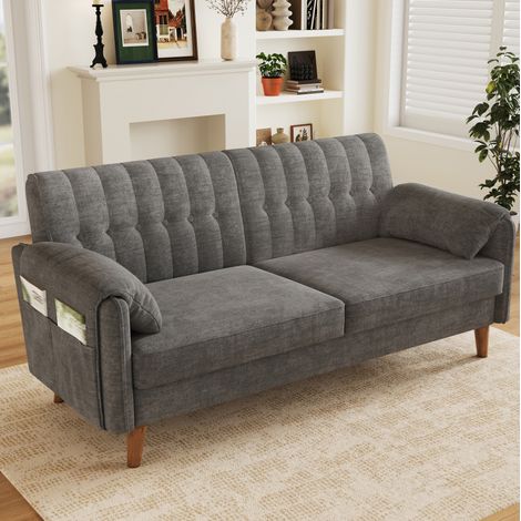 Divano 2 posti in ciniglia con tasche laterali e cuscini removibili, grigio chiaro OKMYHOME (1/5)