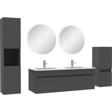 Meubles simple vasque 120cm,meuble acve colonne et miroir rond Anthracite (1/5)