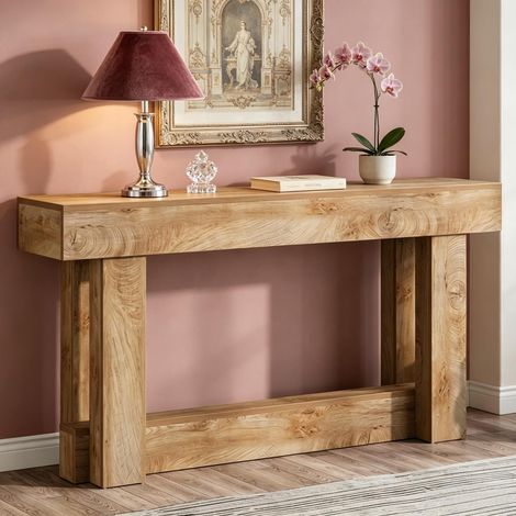 Table console d'entrée de style campagnard à deux étages en bois, idéale pour le salon ou la chambre. (1/5)