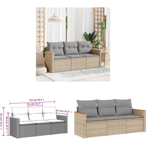 Salon de jardin avec coussins 3 pcs beige résine tressée - Ensemble Salon De Jardin - Mobilier De Jardin - Salon Extérieur - Canapé D'extérieur - Résine Tressée - Home & Living (1/3)