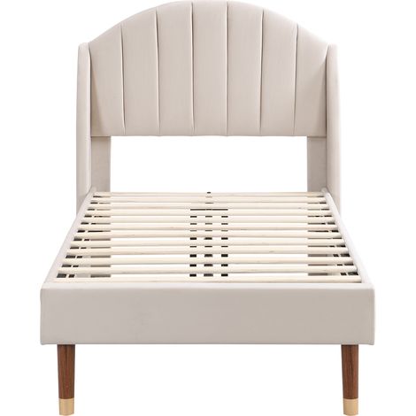 Letto capitonné 90 x 200 cm in velluto beige con rete a doghe e testiera, MODENUIT (1/5)
