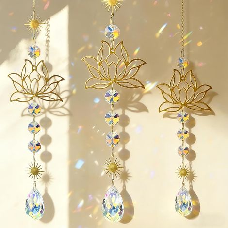 Lot de 3 attrape-soleil en forme de fleur de lotus avec prisme en cristal - Attrape-soleil en cristal pour décoration de fenêtre - Élégant lotus en laiton pour la maison, le bureau - Carillon éolien (1/5)