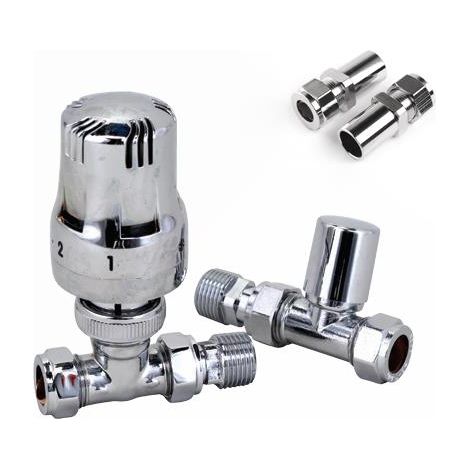 Haxby Straight Chrome TRV with Small Round Top Lockshield with 15mm to 10mm Pipe Reducer