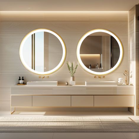 Gold Aluminium Alloy Frame Illuminated LED Bathroom Mirror Living Room Wall Mirror, Round 600mm (1/5)