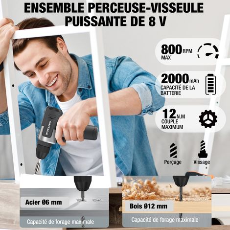 WORKPRO Kit de Perceuses Visseuse Sans Fil 8V Noir, Visseuse Devisseuse Sans Fil 2000mAh, Couple 12Nm, Mandrin de Perçage 10mm, LED Lumière, Kit d'Accessoires Complet, pour Réparation Maison DIY — vue 3