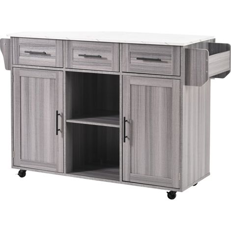 Îlot de cuisine avec plateau rabattable, coffres de rangement en bois gris et surface décor marbre blanc, 139 x 46(71) x 91,5 cm (1/5)