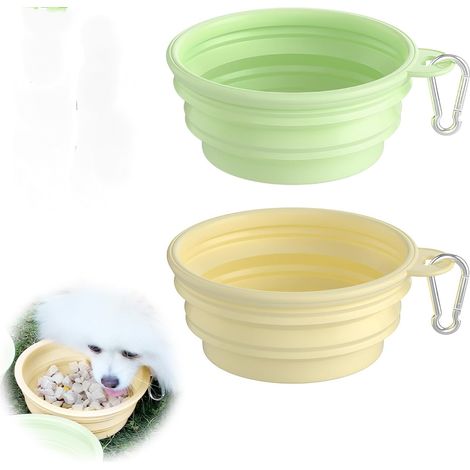 Gamelle Pliable pour Chien, 2 Pièces Gamelle Chien Pliable Portable 350ml Bol Pliabl e avec Mousqueton Retractable Gamell e de Voyage pour Marche Randonnée Camping (Jaune + Vert)