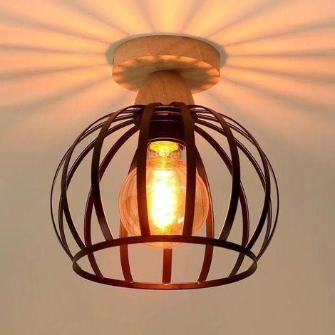 Luminaire Plafonnier Industriel E27 Lampe de Plafond en Bois Métal Design Cage 20cm Vintage Lustre Rétro pour Chambre Salon (1/5)