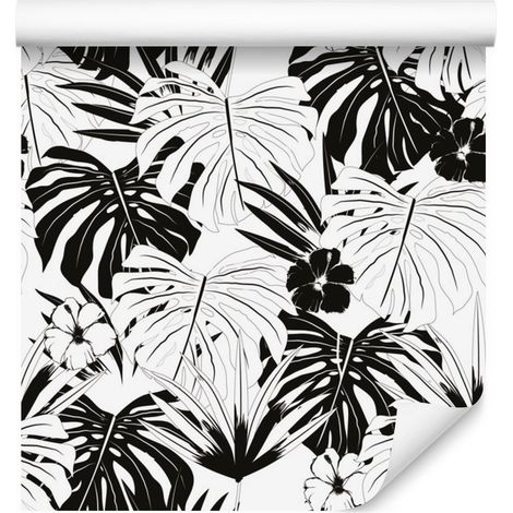 Papel pintado de hojas tropicales en blanco y negro para salón y dormitorio, 50x1000 cm. (1/5)