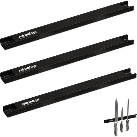 Relaxdays Set da 3 Barra Magnetica, Striscia Lunga 30 cm, Appendi Utensili e Coltelli Acciaio Inox, Guida a Parete, Nero