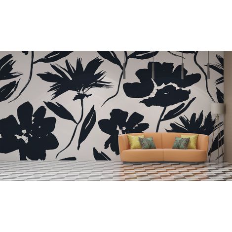 Papier peint fleuri - grands dahlia noirs et blancs - 150 x 250 cm (1/2)