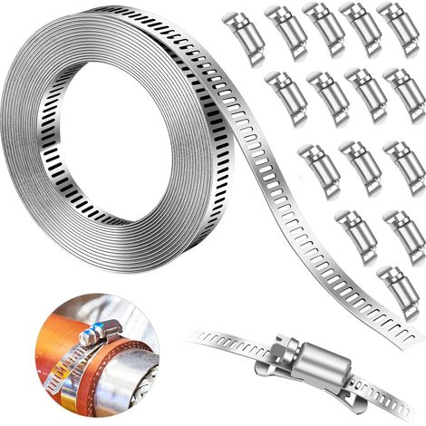 Collier de Serrage Inox avec Fixation Kit de Colliers de Réglable pour Tuyaux Gaz Eau Voiture Machine à Laver Jardin 10m 15 pièces (1/5)