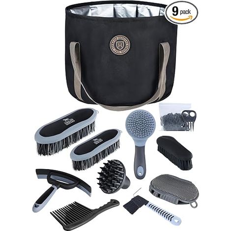 Equine Care 9 Piece Horse Grooming Kit Horse Brush Set with Organizer Tote Bag Black (1/2)