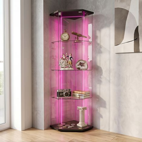Fünfeckige eckvitrine aus sicherheitsglas - 60x44,5x162 cm - 4 ebenen mit rgb led beleuchtung und schloss für sammlungen im wohnzimmer - moderner stil - schwarz (1/5)