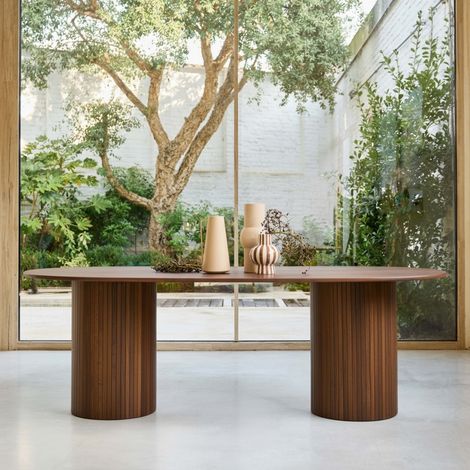 Table à manger oblongue placage chêne 8 places noyer - L 220 x P 100 x H 73 cm - Estelle (1/5)