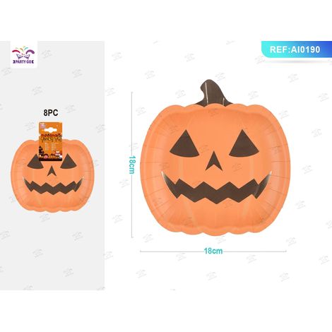 Piatti di carta Halloween a forma di zucca 18 cm 8 pezzi PartyGo