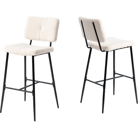 Lot de 2 Tabouret de Bar Industriel avec Dossier et Repose-Pieds, Siège Rembourrés de 75 cm de Haut, Chaises Hautes en Bouclette Cadre en métal, Beige (1/5)