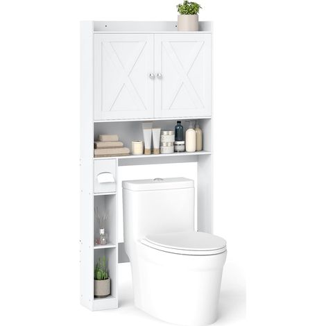 COSTWAY Mobile Sopra Lavatrice da Bagno, Armadietto su WC con Doppie Ante, Porta Carta Igienica e Ripiano Regolabile, Mobile Salvaspazio in Legno per Lavanderia, 81,5 x 19,5 x 172,5 cm (1/5)