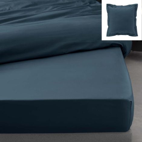 Pack drap housse king size 180 x 200 cm + 2 taies en percale 78 fils Bleu (1/5)