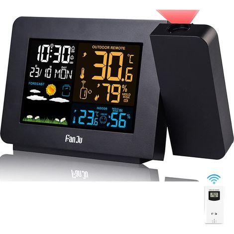 Wetterstation, kabelloses Thermometer-Hygrometer mit Sensor, Projektionswetteruhr, Innen-/Außenthermometer mit RCC-Funksteuerung, zwei Wecker (1/5)