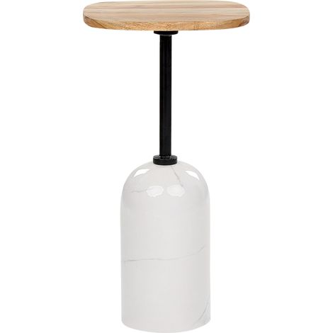 Mesa auxiliar redonda de estilo moderno con tapa de madera y base de metal en color madera clara y blanco Oasis